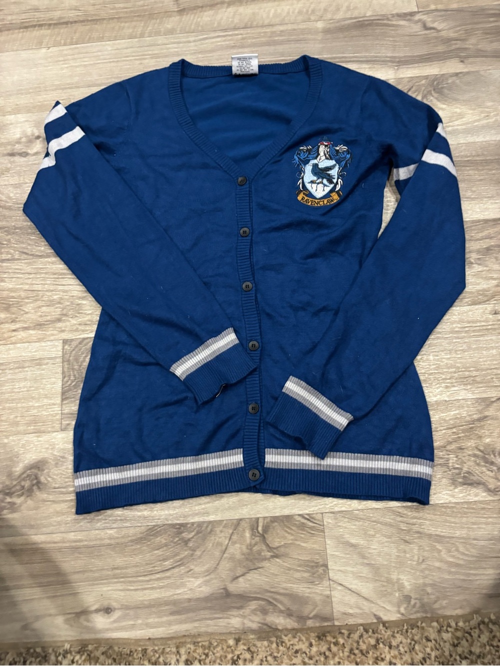 Women's Blue V-Neck Button Cardigan with Crest Detail